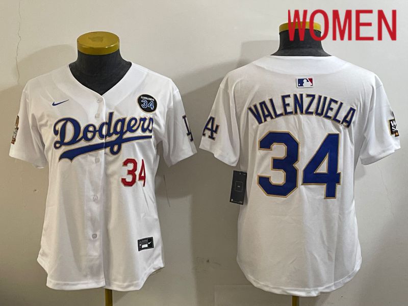 Women Los Angeles Dodgers 34 Valenzuela White Gold Game 2024 Nike MLB Jersey style 1120